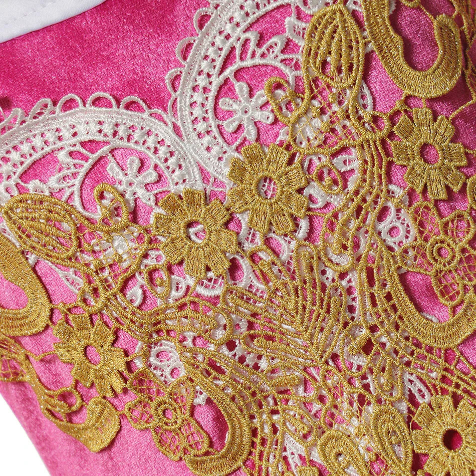 detailed view of seam construction and appliqué on princess gown