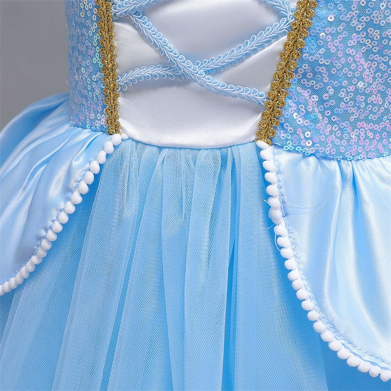 close-up of skirt hem on blue princess costume with tulle layers