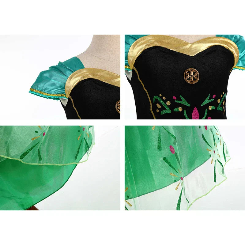 close-up of gold trim and folk-style embroidery on green princess costume