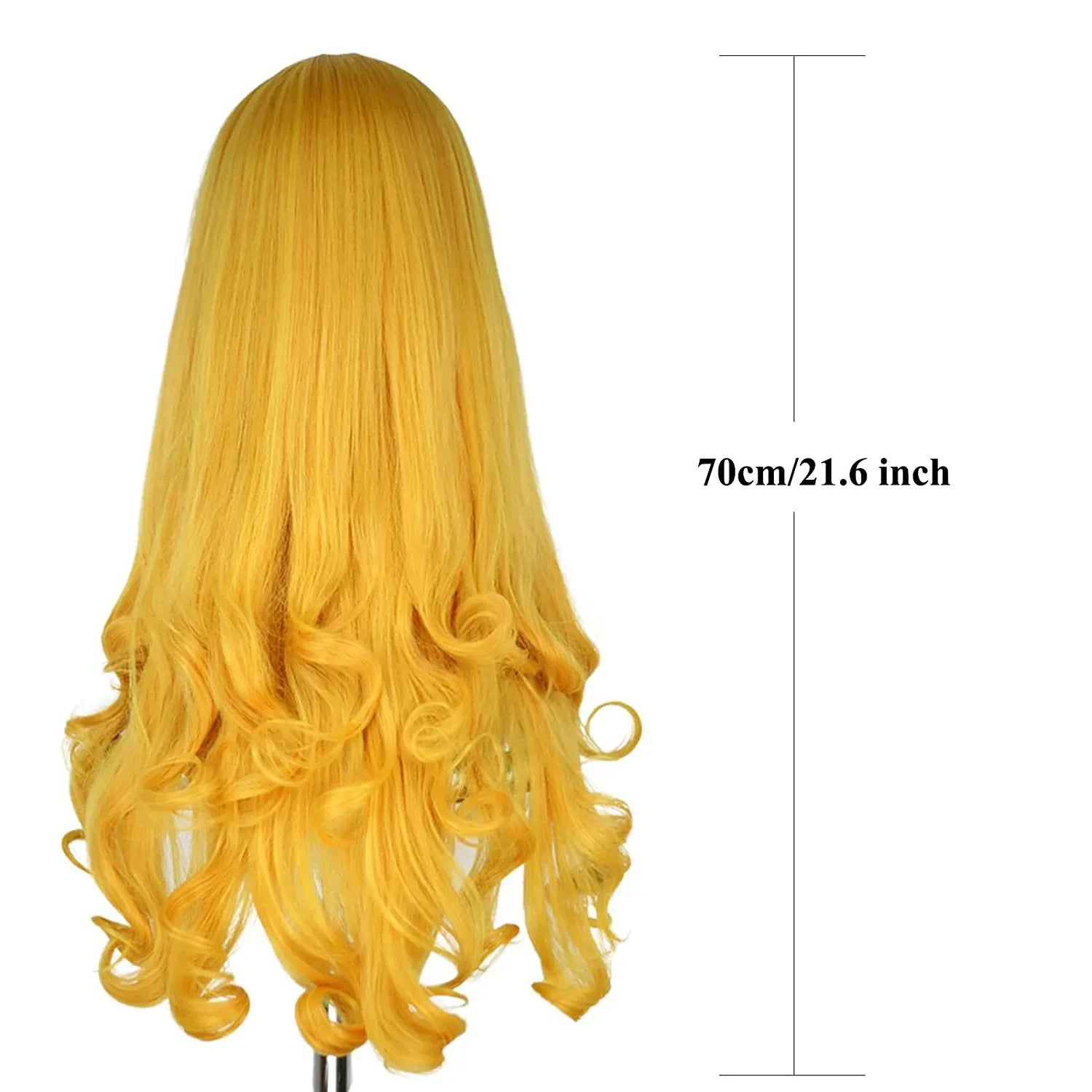 close-up of curly blonde wig with side-swept bangs