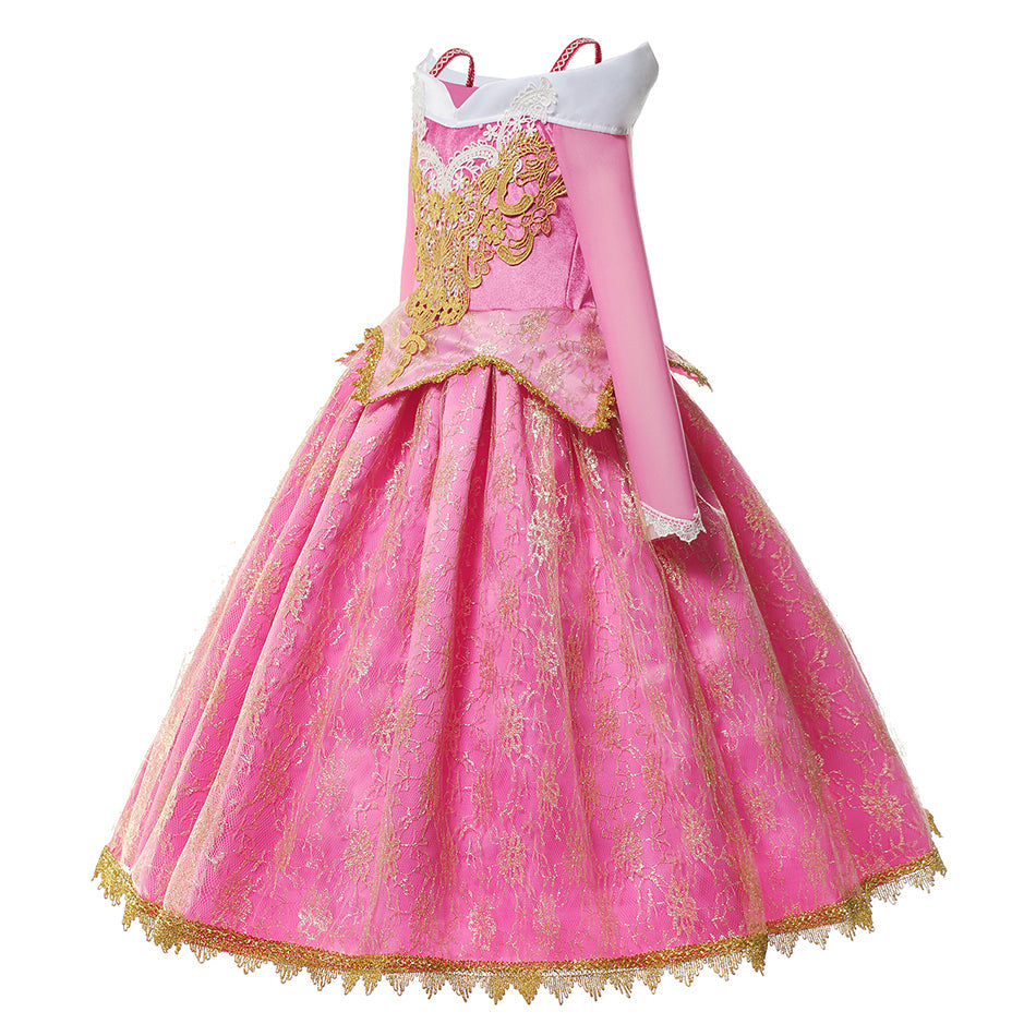close-up of gold lace appliqué and embroidery on pink princess costume