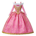 front view of rose pink princess costume with gold appliqué