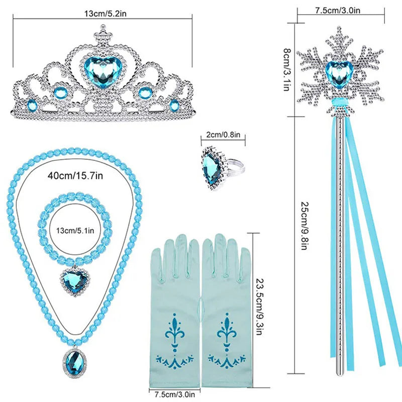 Blue crystal princess accessories set complete kit with tiara wand wig gloves and jewelry for girls