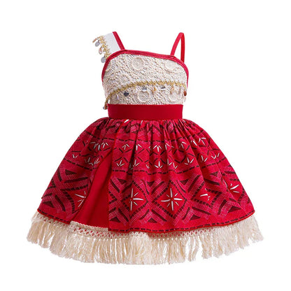 front view of tropical princess costume with red and white island print