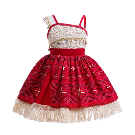 front view of tropical princess costume with red and white island print