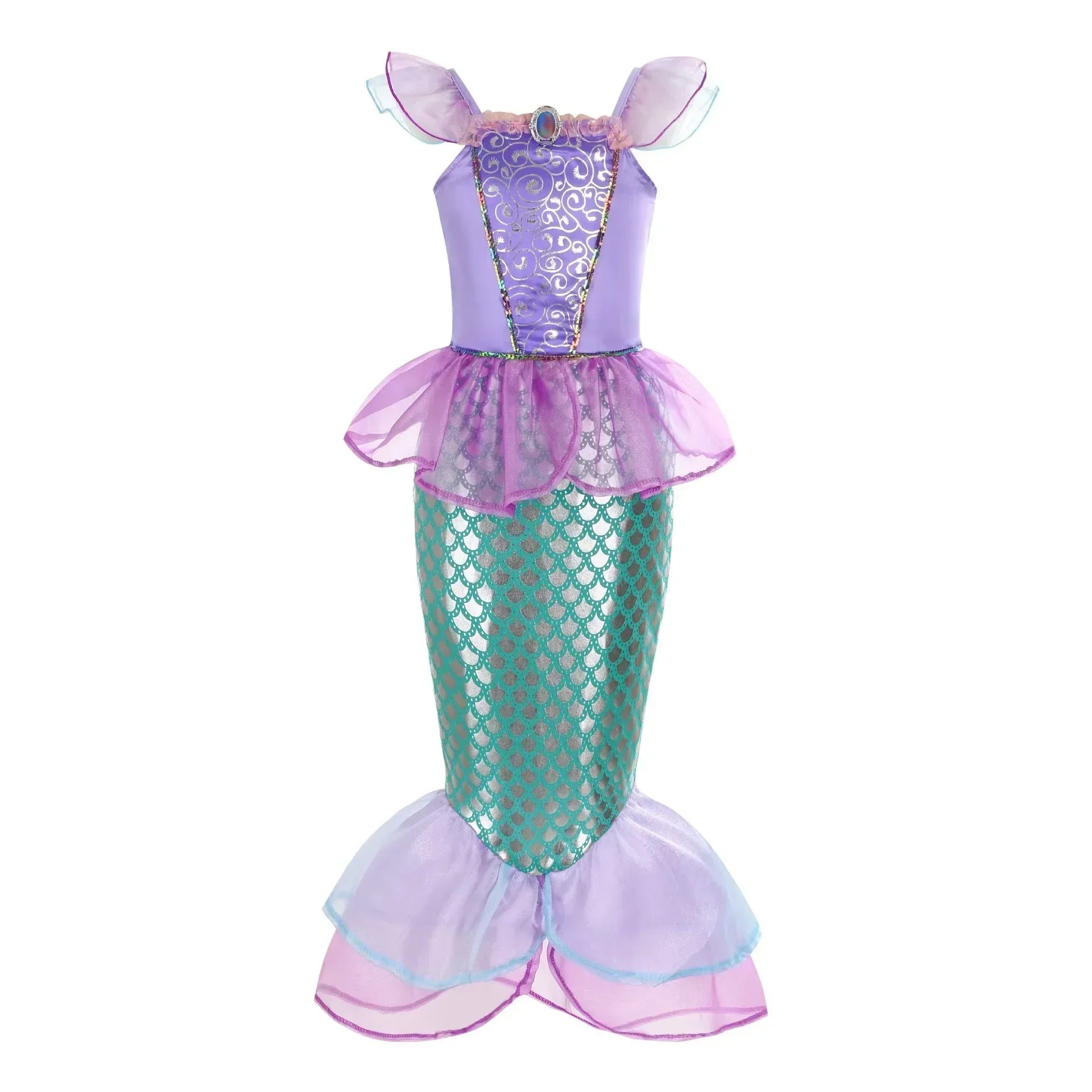 front view of mermaid princess costume with glitter scales