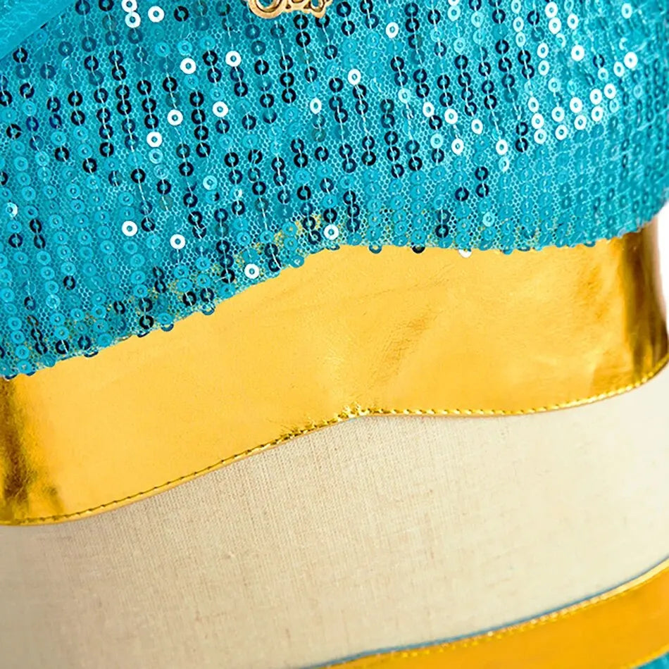 close-up of teal princess costume with gold sequins and mesh detailing