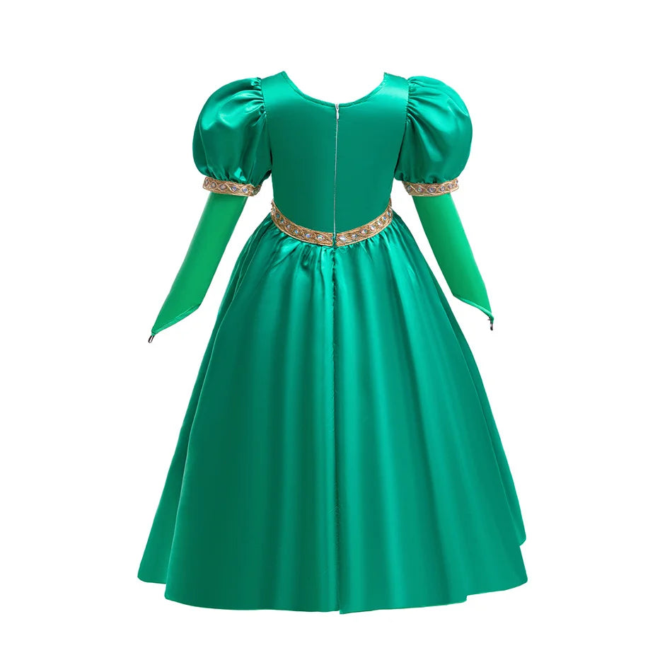 back view of emerald green princess dress with full skirt