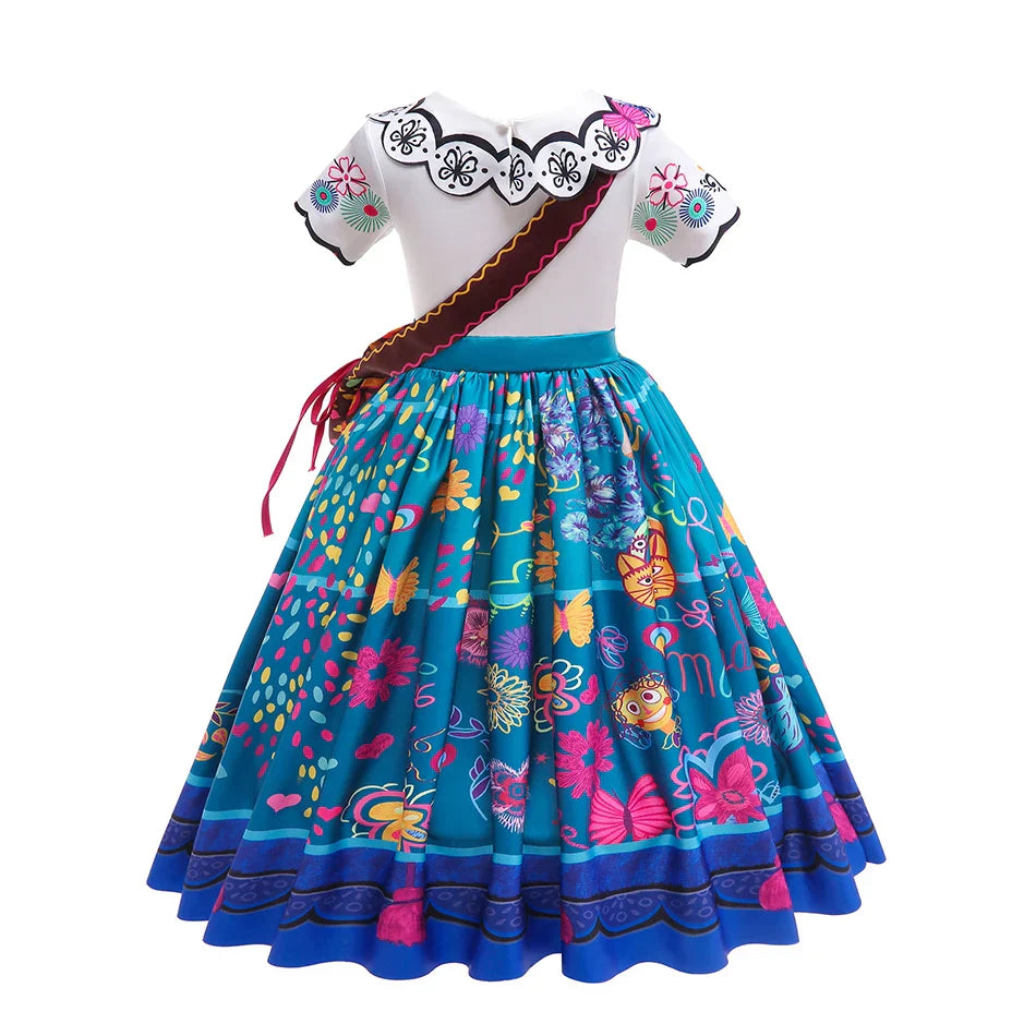 back view of folk-floral printed dress with zipper