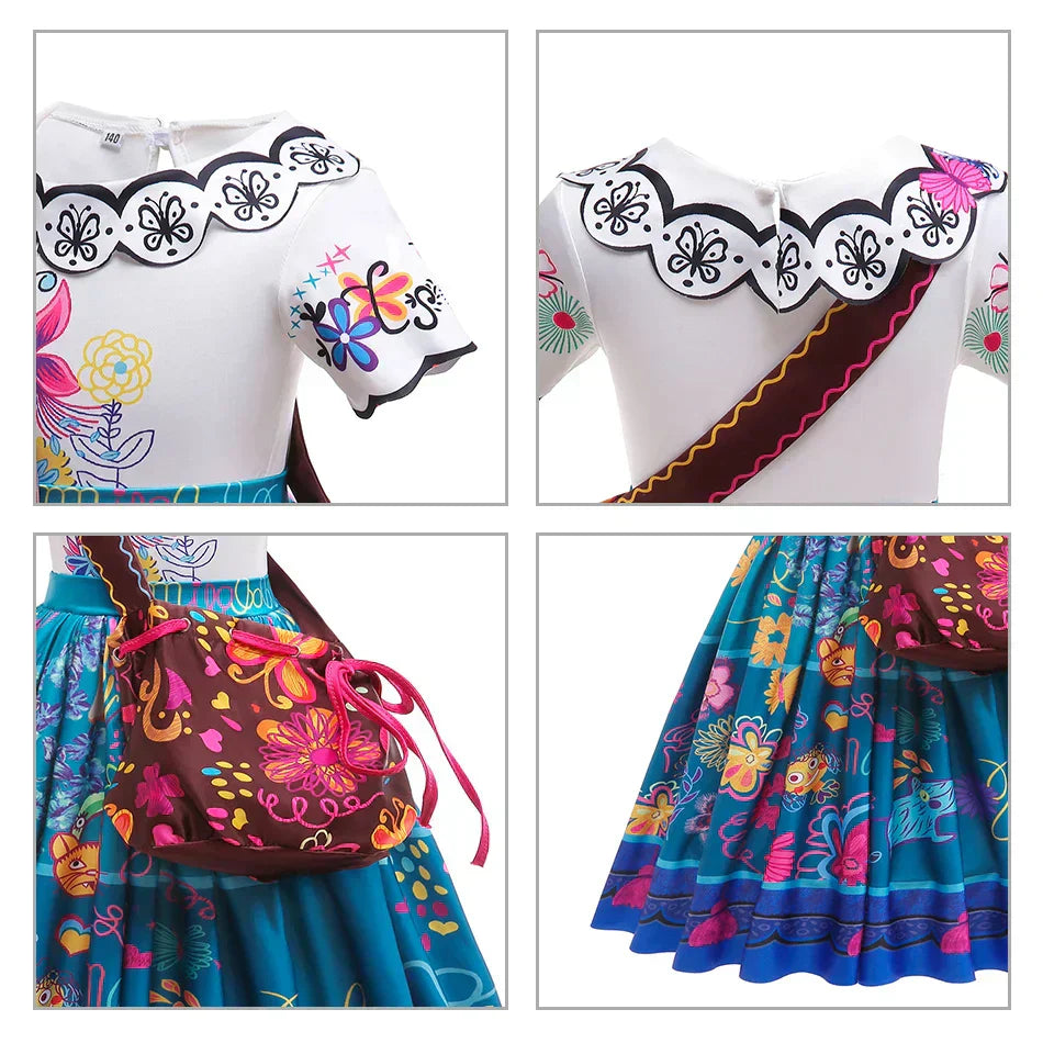 close-up of colorful folk-floral print on girls dress