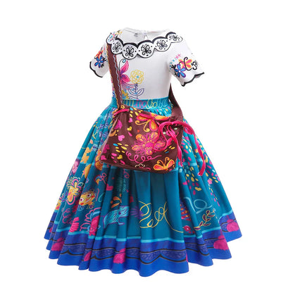 front view of teal folk-floral girls dress with swing skirt