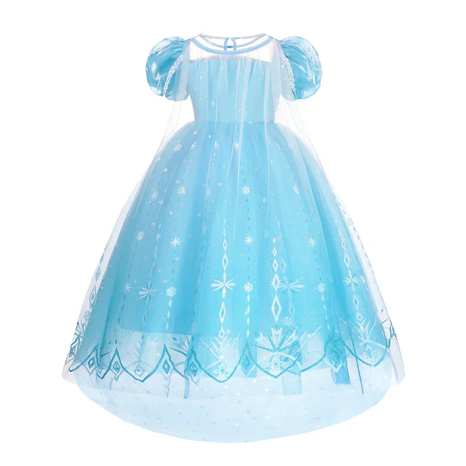 back view of blue princess gown with layered mesh skirt