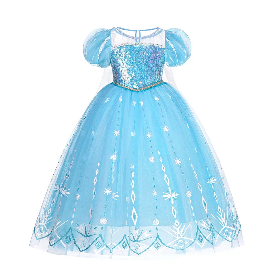 front view of blue princess costume with sequined bodice