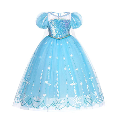 front view of blue princess costume with sequined bodice