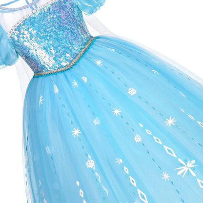 girls frostglow blue gown with layered mesh skirt front view