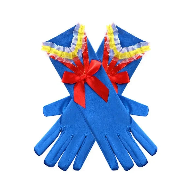 royal-blue princess gloves with red satin bows and ruffles