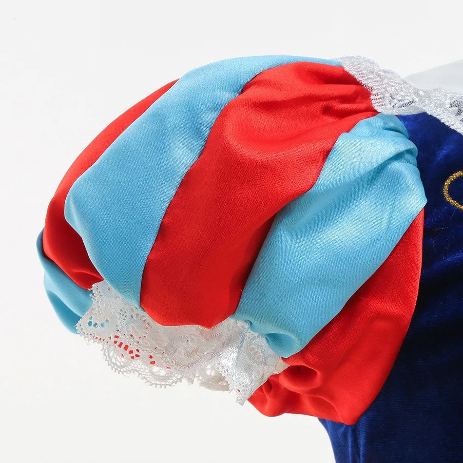 detailed view of princess dress puff sleeves and embroidered bodice