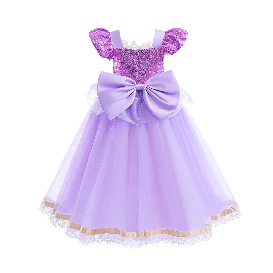 back view of lavender princess dress with lace-hem skirt