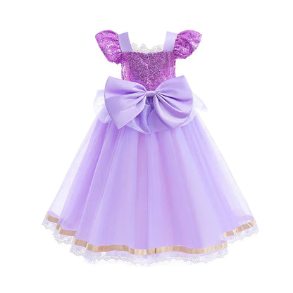 back view of lavender princess dress with lace-hem skirt