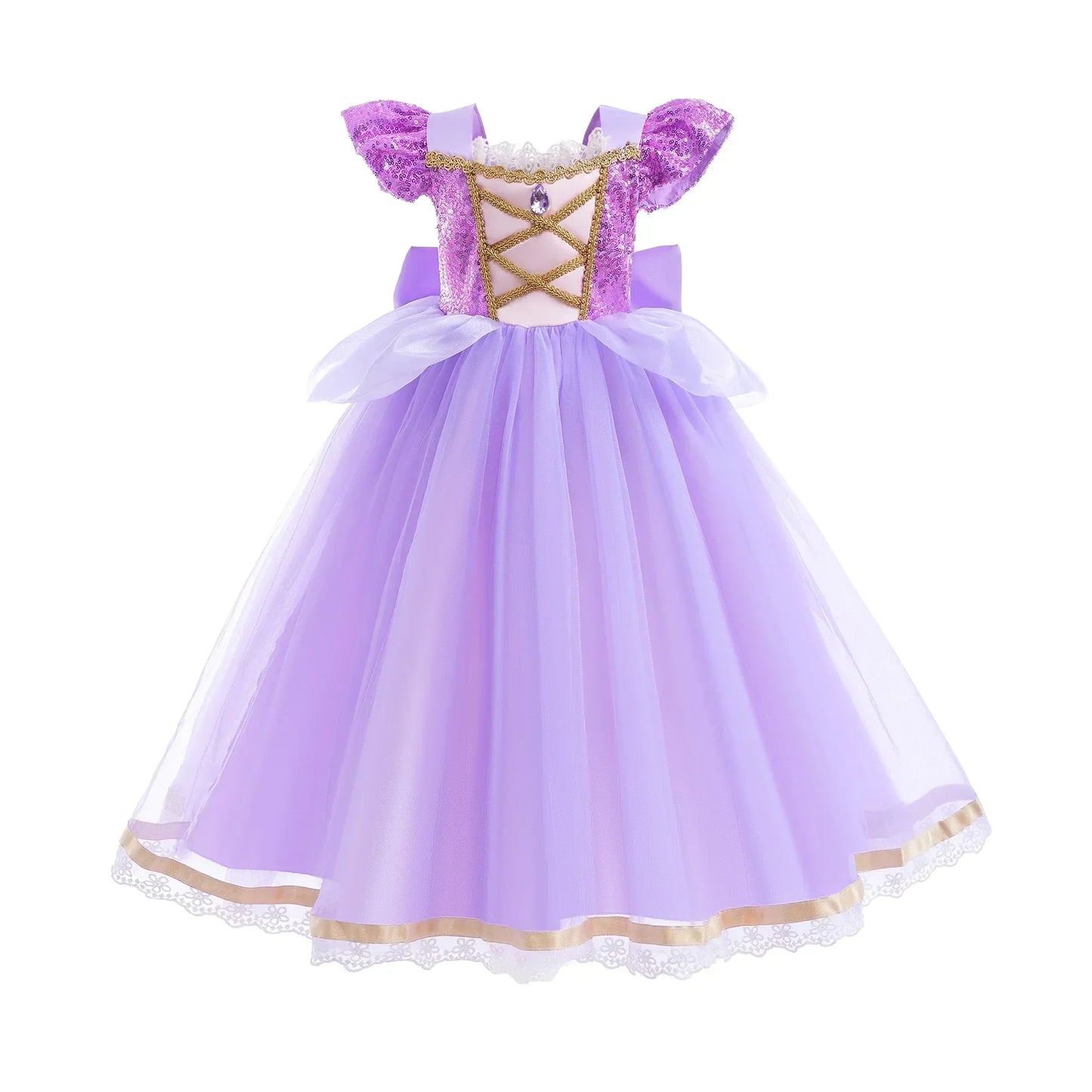 front view of lavender princess costume with gold accents