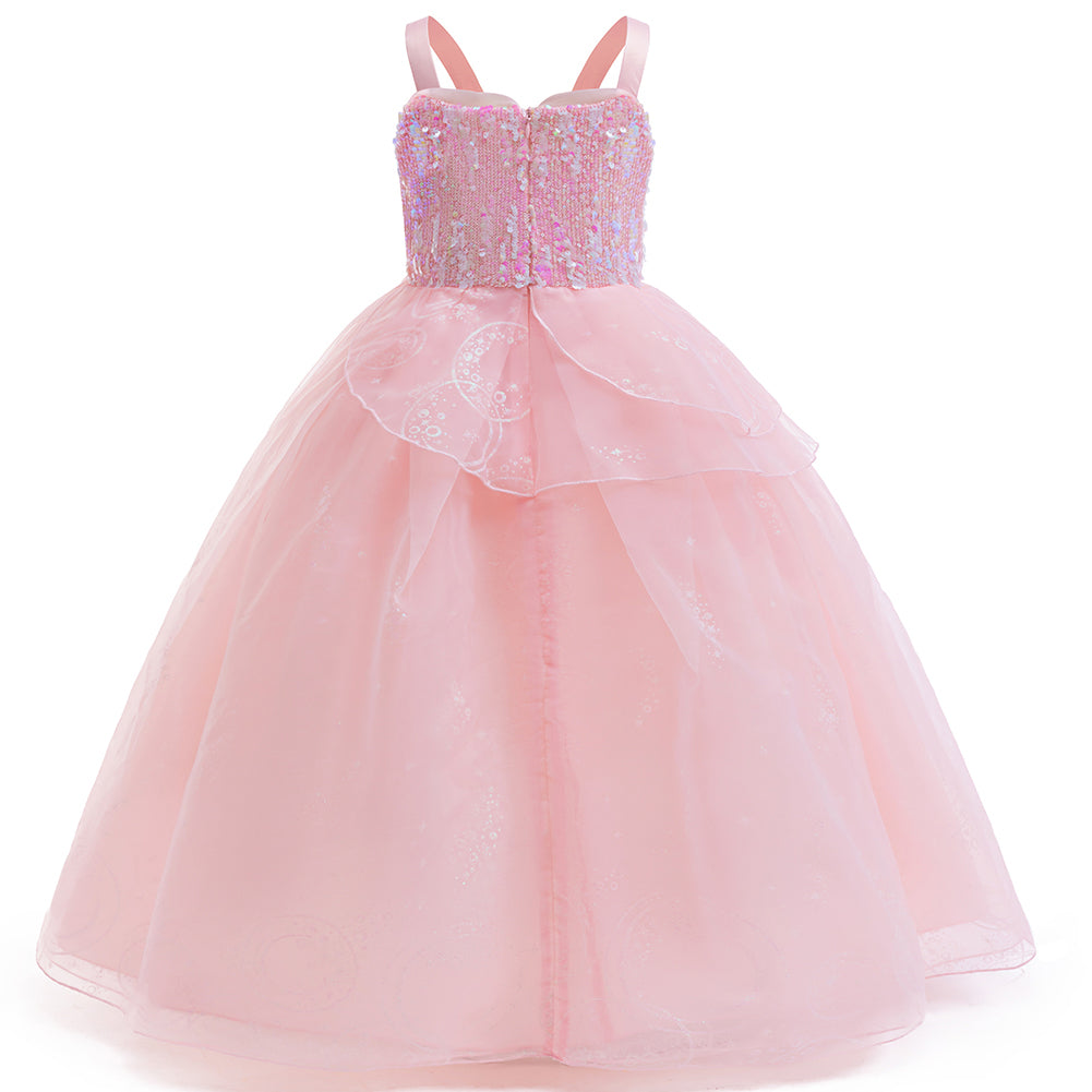 back view of pink princess gown with layered embroidered skirt