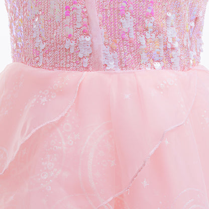 detailed view of lace and sequin embellishments on pink costume dress
