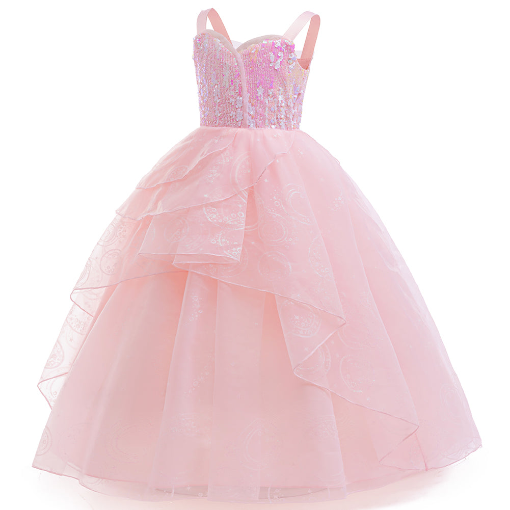 front view of pink sequin princess gown with embroidered tulle skirt