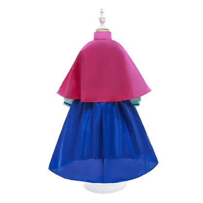back view of girls blue and rose princess dress with cape