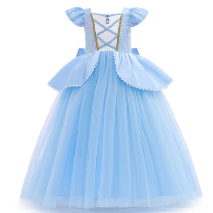 front view of blue princess costume with sequined bodice