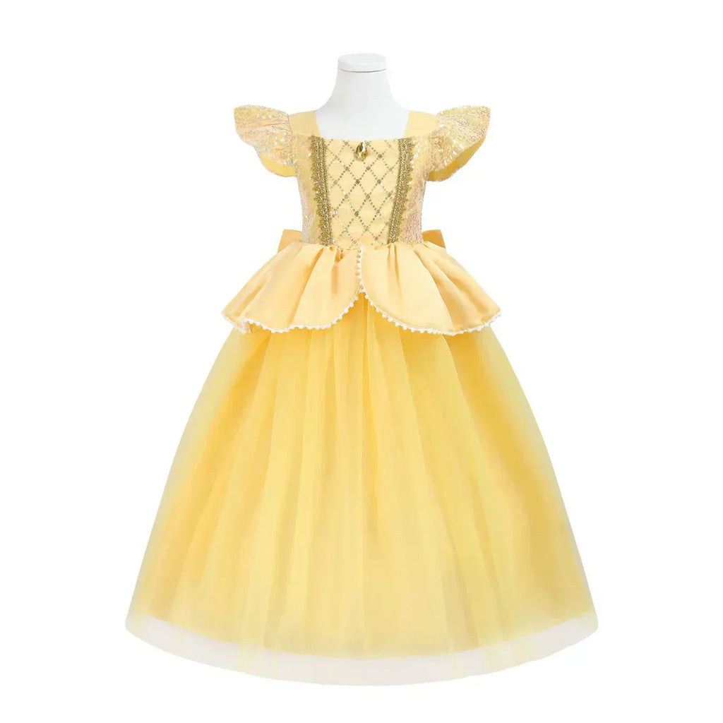 front view of gold princess costume with sequined bodice