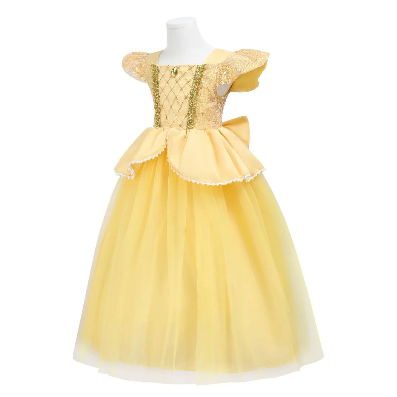 girls yellow gown with layered tulle skirt front view
