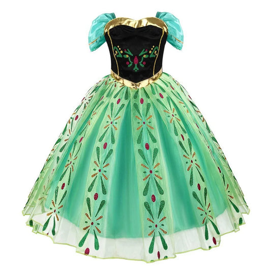 front view of green princess costume with folk-style details