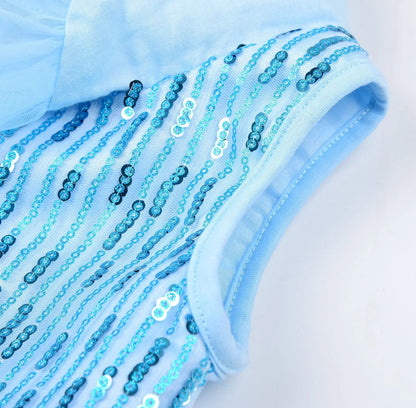 close-up of shimmering ice-blue bodice with sequin accents
